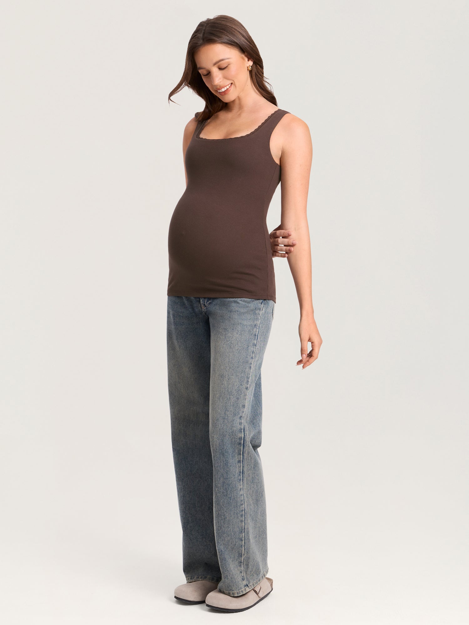 Cotton Rib Lace Trim Maternity Tank Top Clay Brown