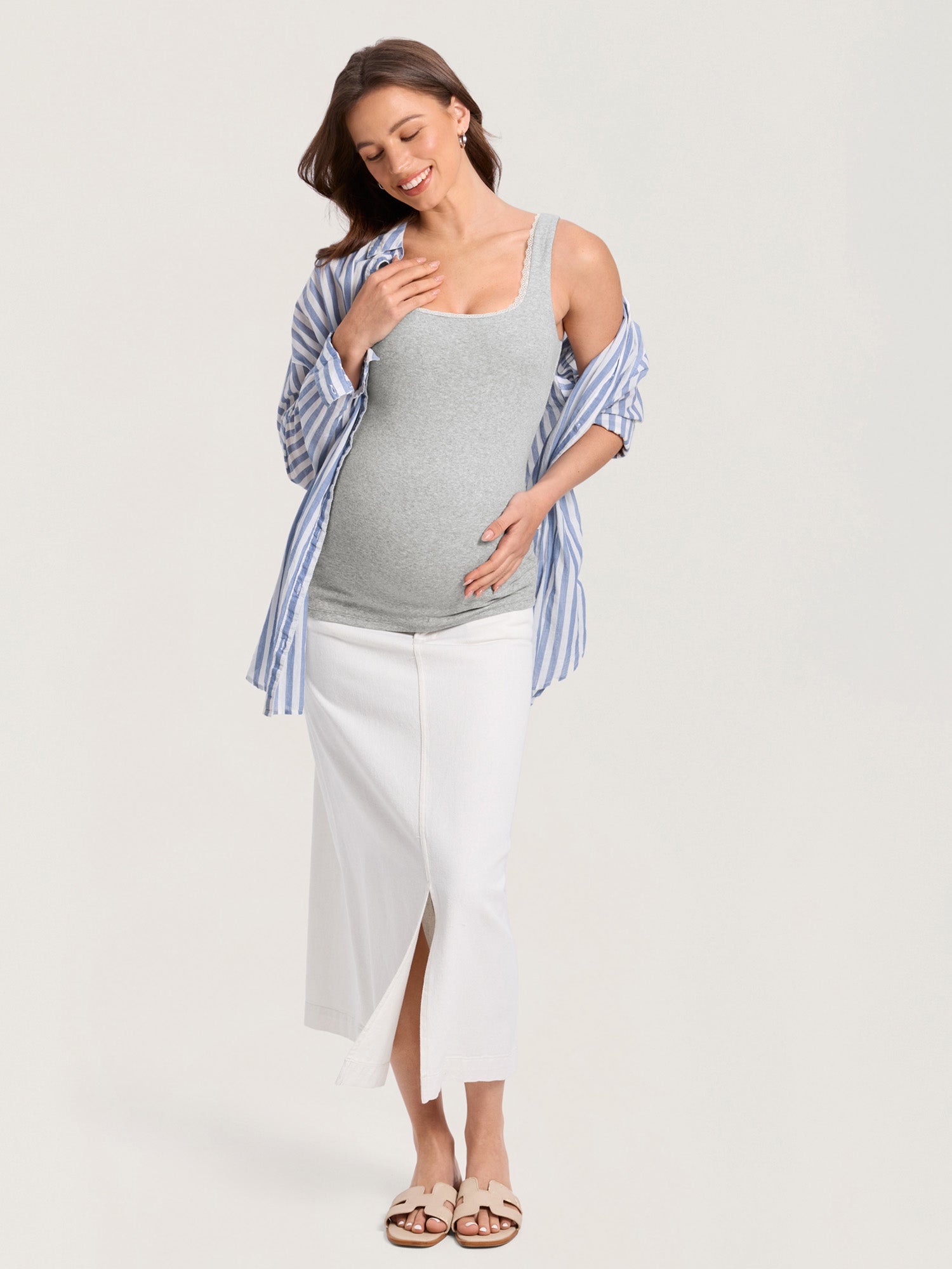 Cotton Rib Lace Trim Maternity Tank Top Classic Heather