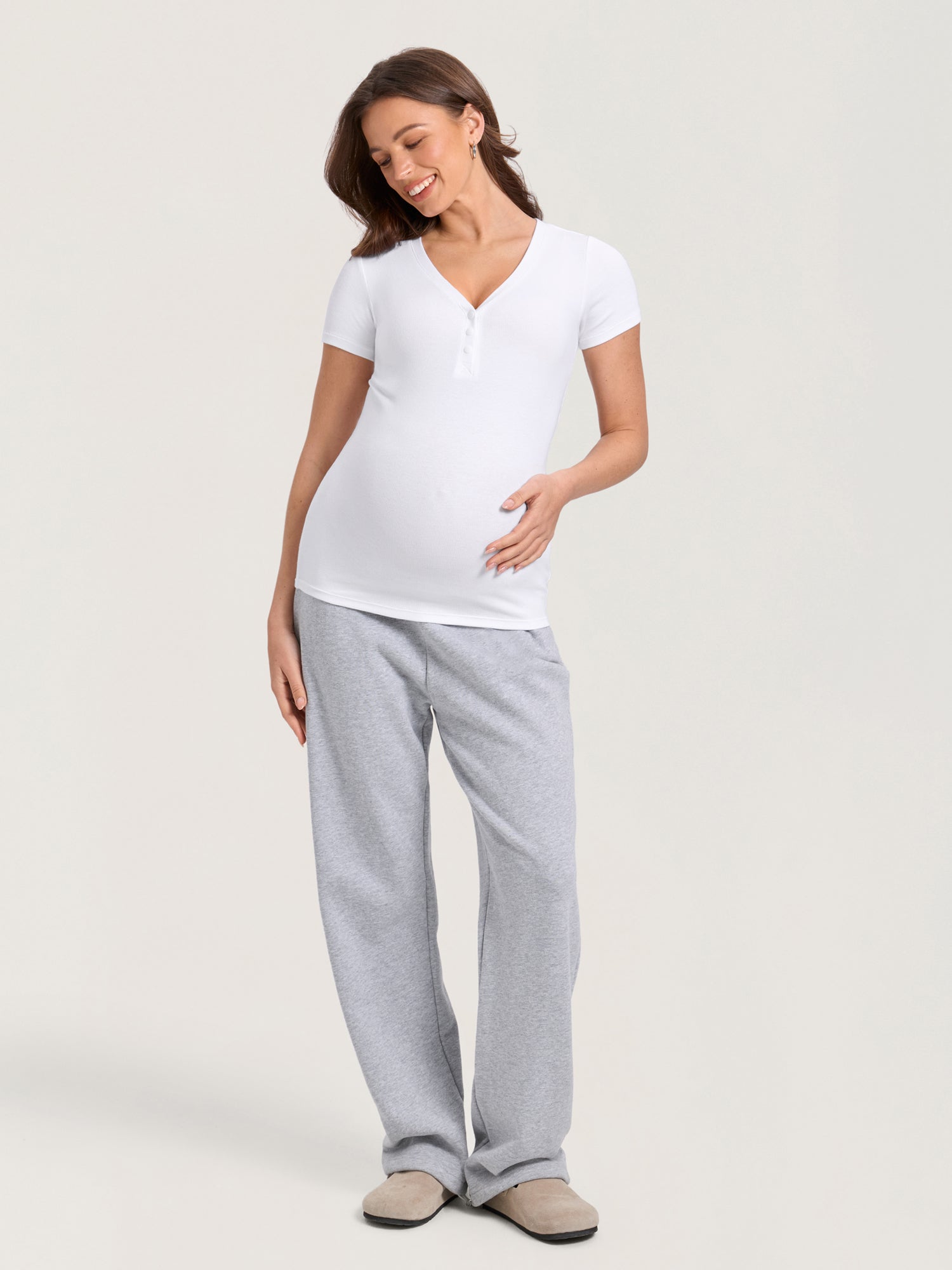 Cotton Rib Henley Maternity Short Sleeve Shirts White