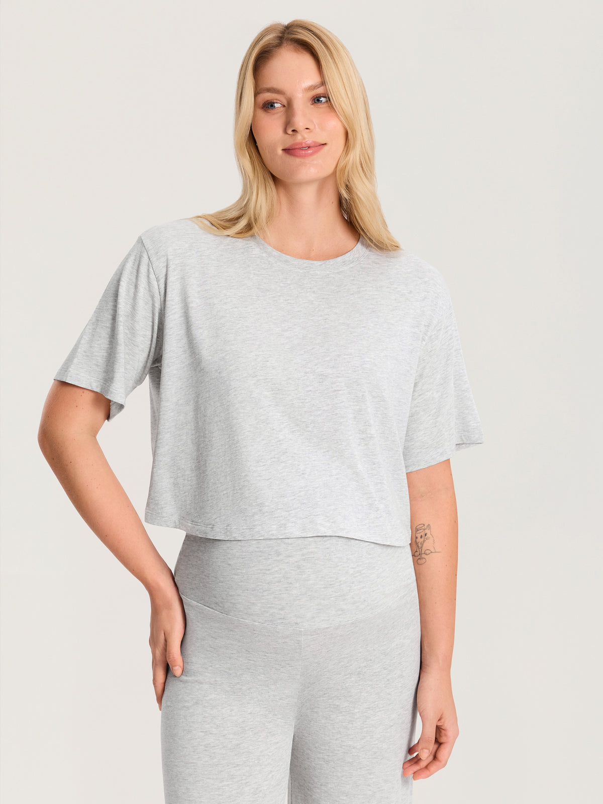 Modal Cotton Short Sleeve Loose Crop Tee Mica Heather