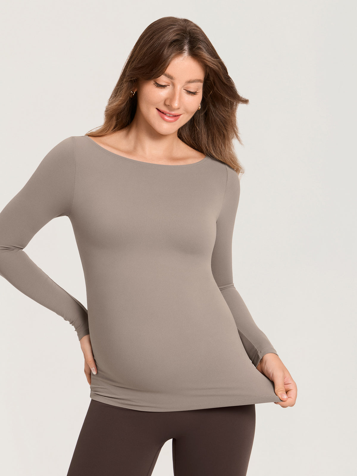 AirSofta Boatneck Maternity Top - Long Sleeves Khaki Taupe