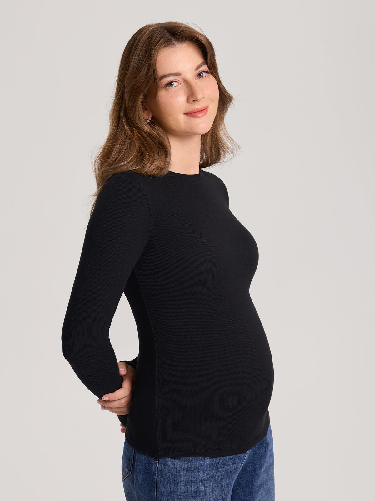 Cotton Rib Crew Neck Maternity Top Black