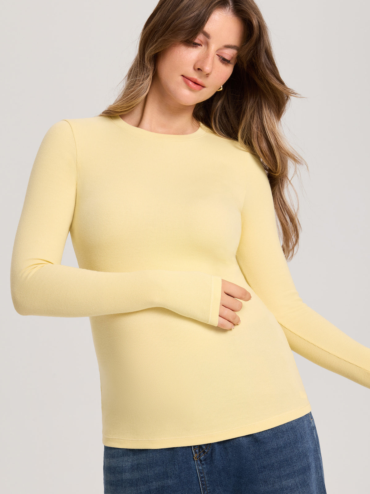 Cotton Rib Crew Neck Maternity Top Pale Yellow