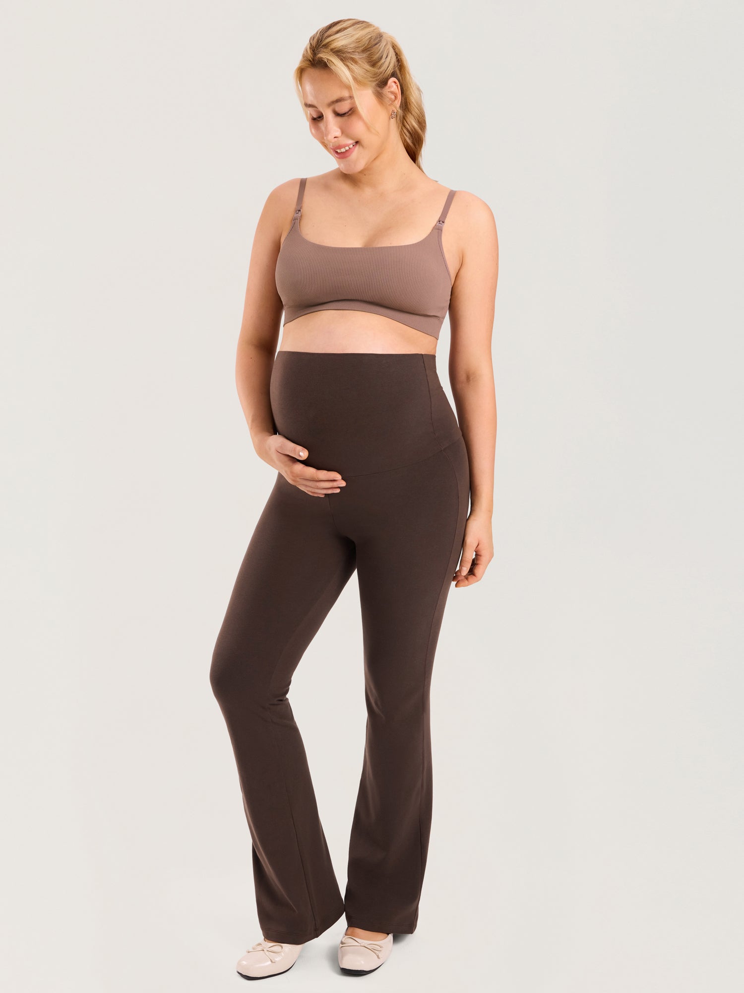 Cotton Foldover Maternity Flare Pants 30.5" Clay Brown