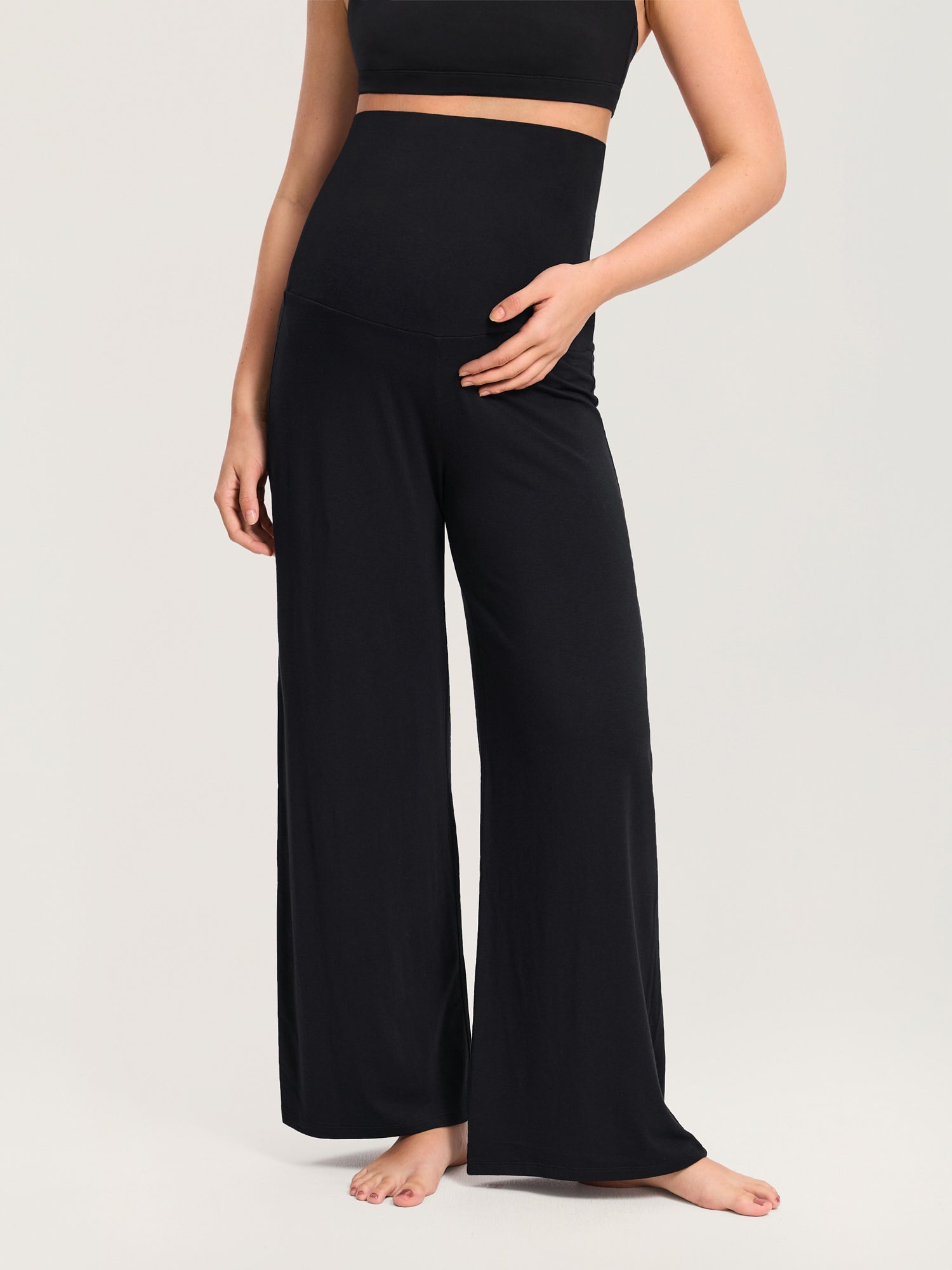 Modal Cotton Foldover Wide-Leg Pants Black