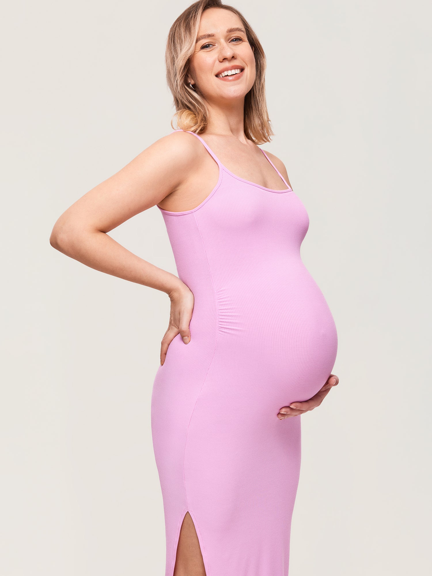 Square Neck Ribbed Maternity Dress Candy Pink