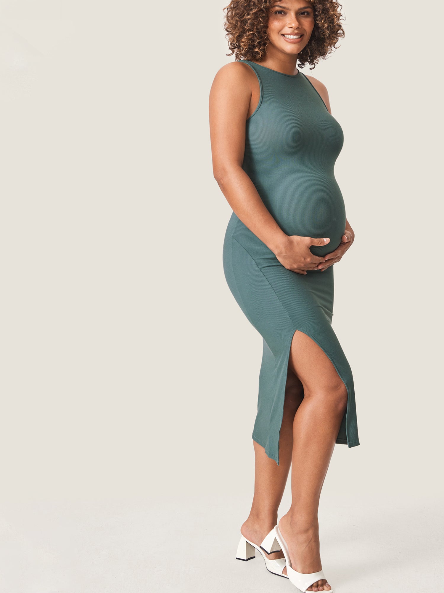Halter Neck Ribbed Maternity Dress Midnight Emerald