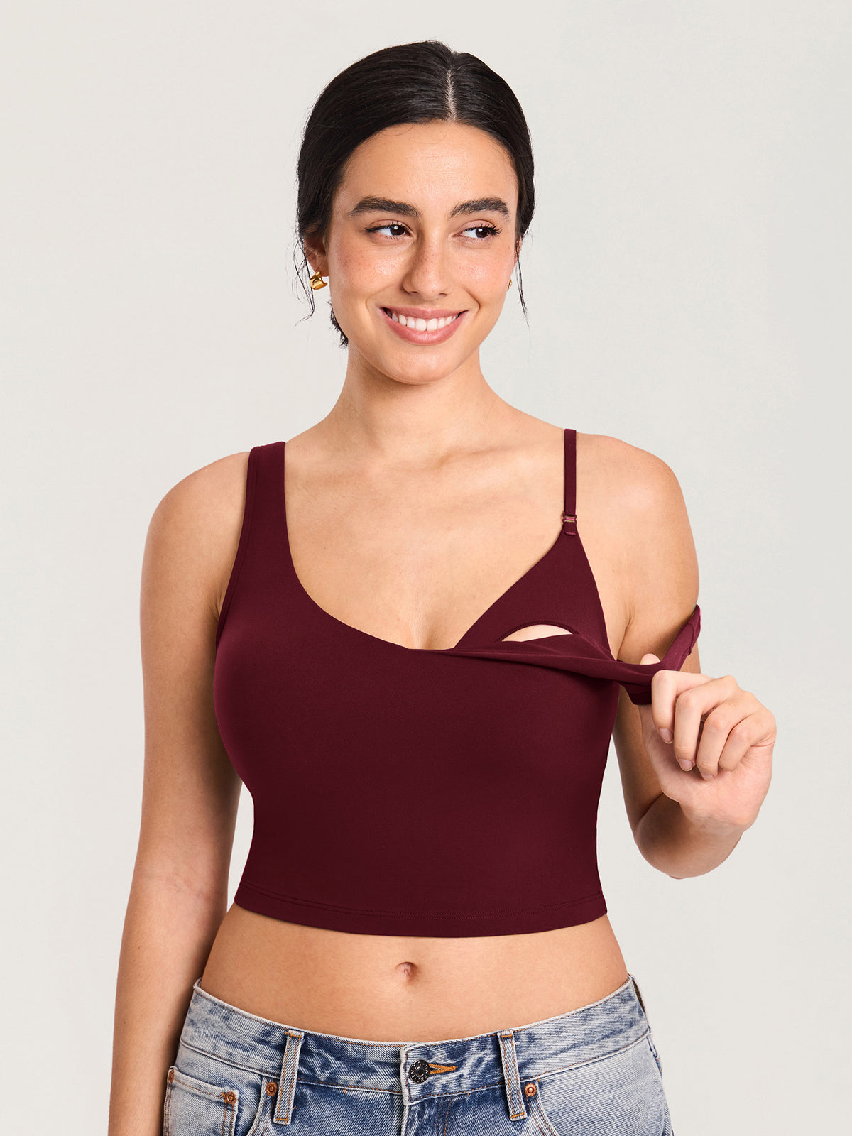 MOMANDA Women's Natrelax® Nursing Crop Tank Top - V Neck Red Merlot @model_info:MOM1