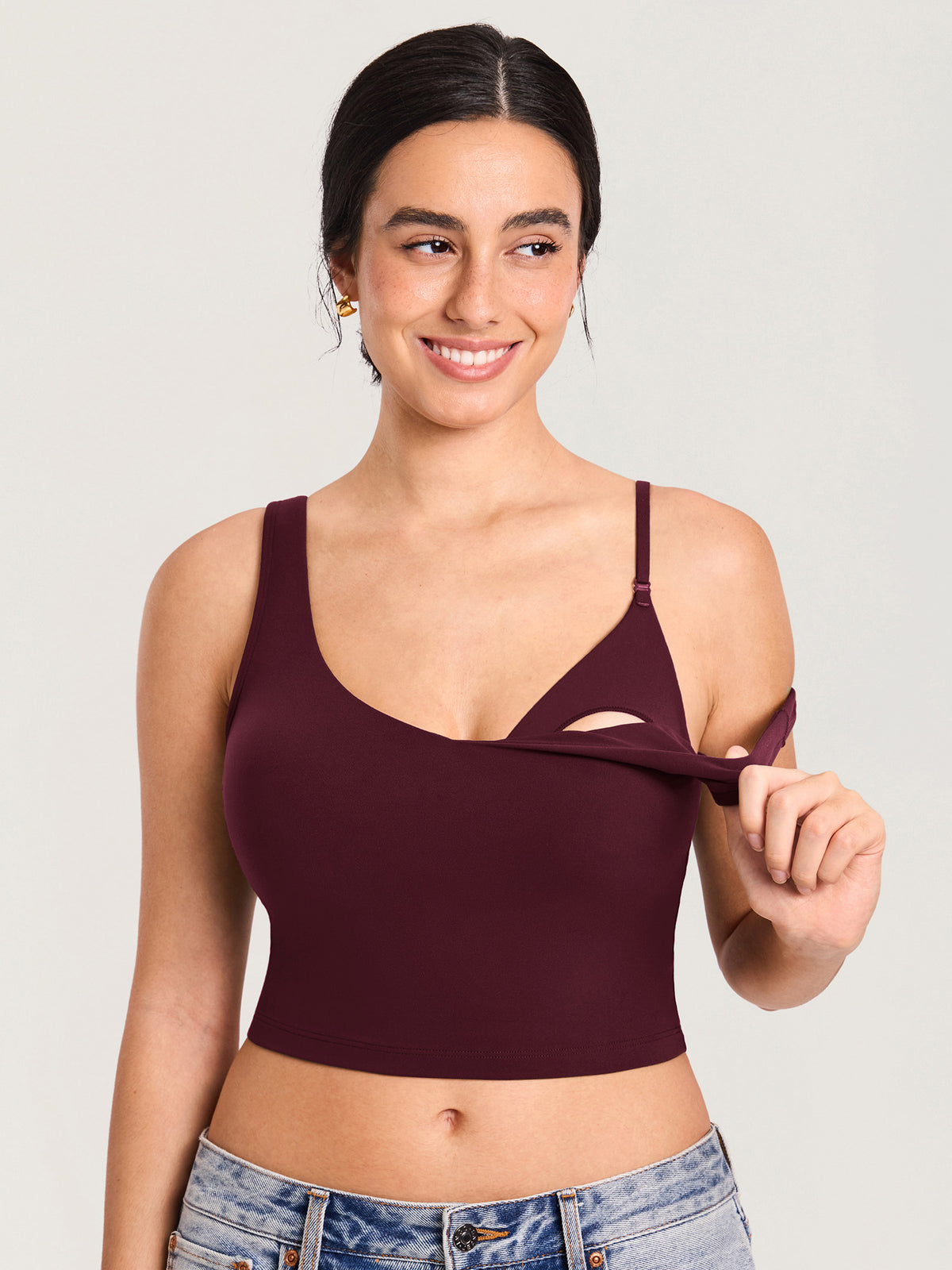 MOMANDA Women's Natrelax® Nursing Crop Tank Top - V Neck Ripe Plum @model_info:MOM1