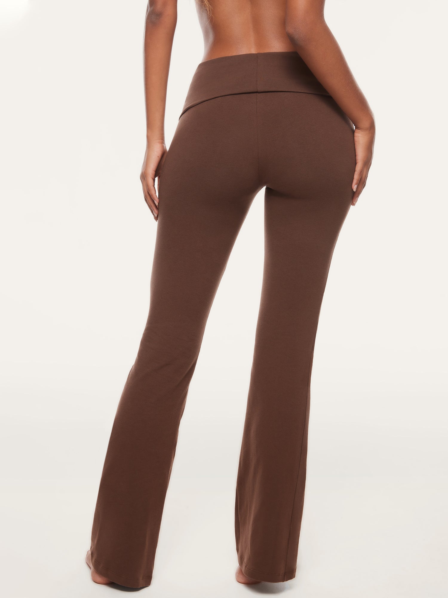 Basic Cotton Fold Over Flared Leggings Coffee Brown