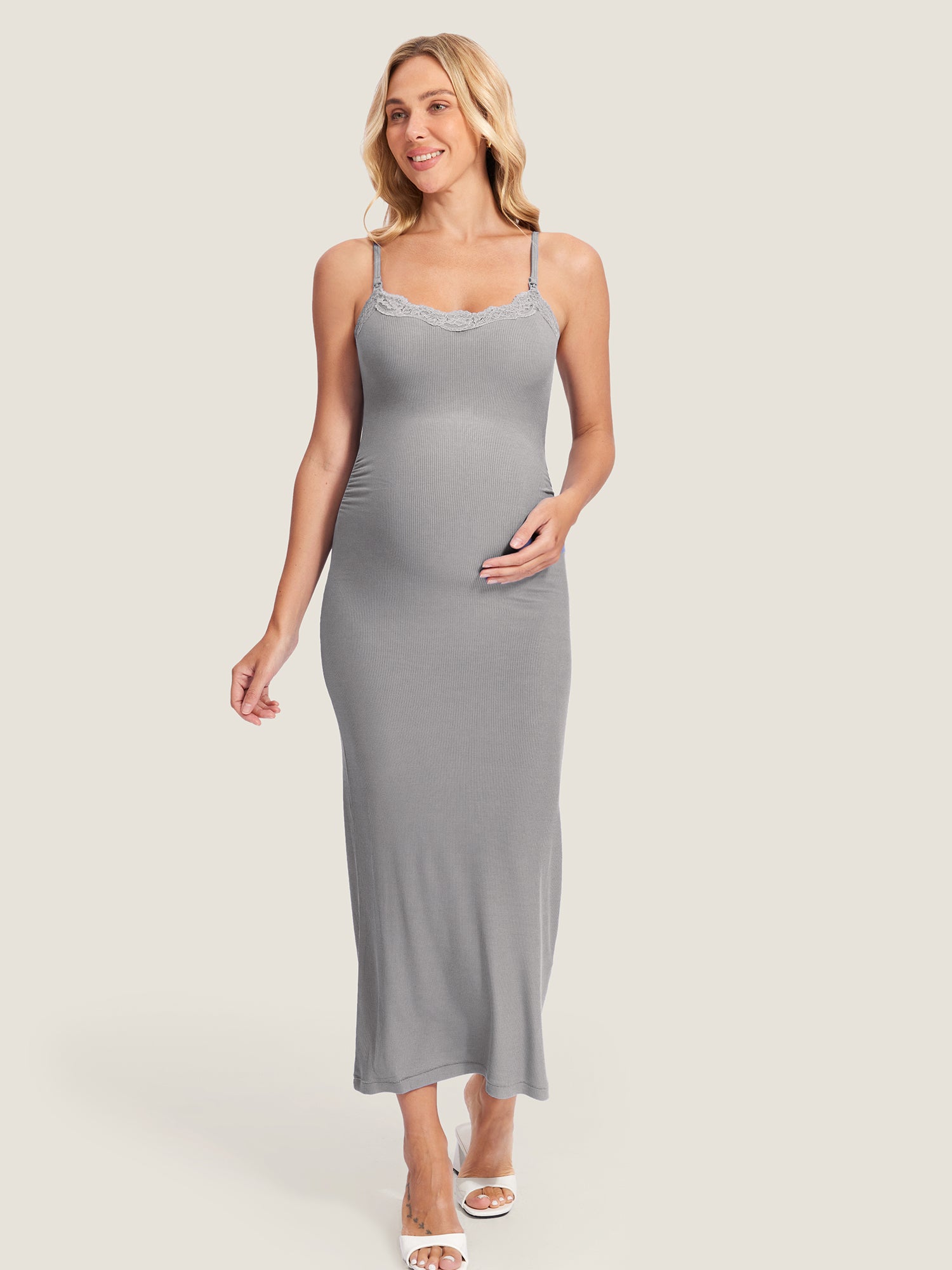 Lacy Ribbed Maternity & Nursing Dress Heather Carbon