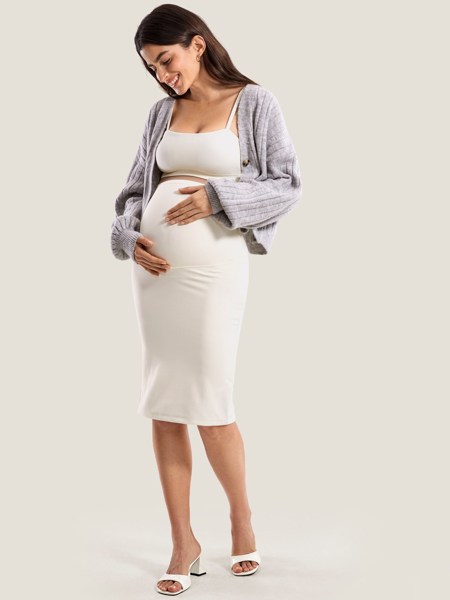 Natrelax™ Maternity High Waisted Midi Skirts White Apricot