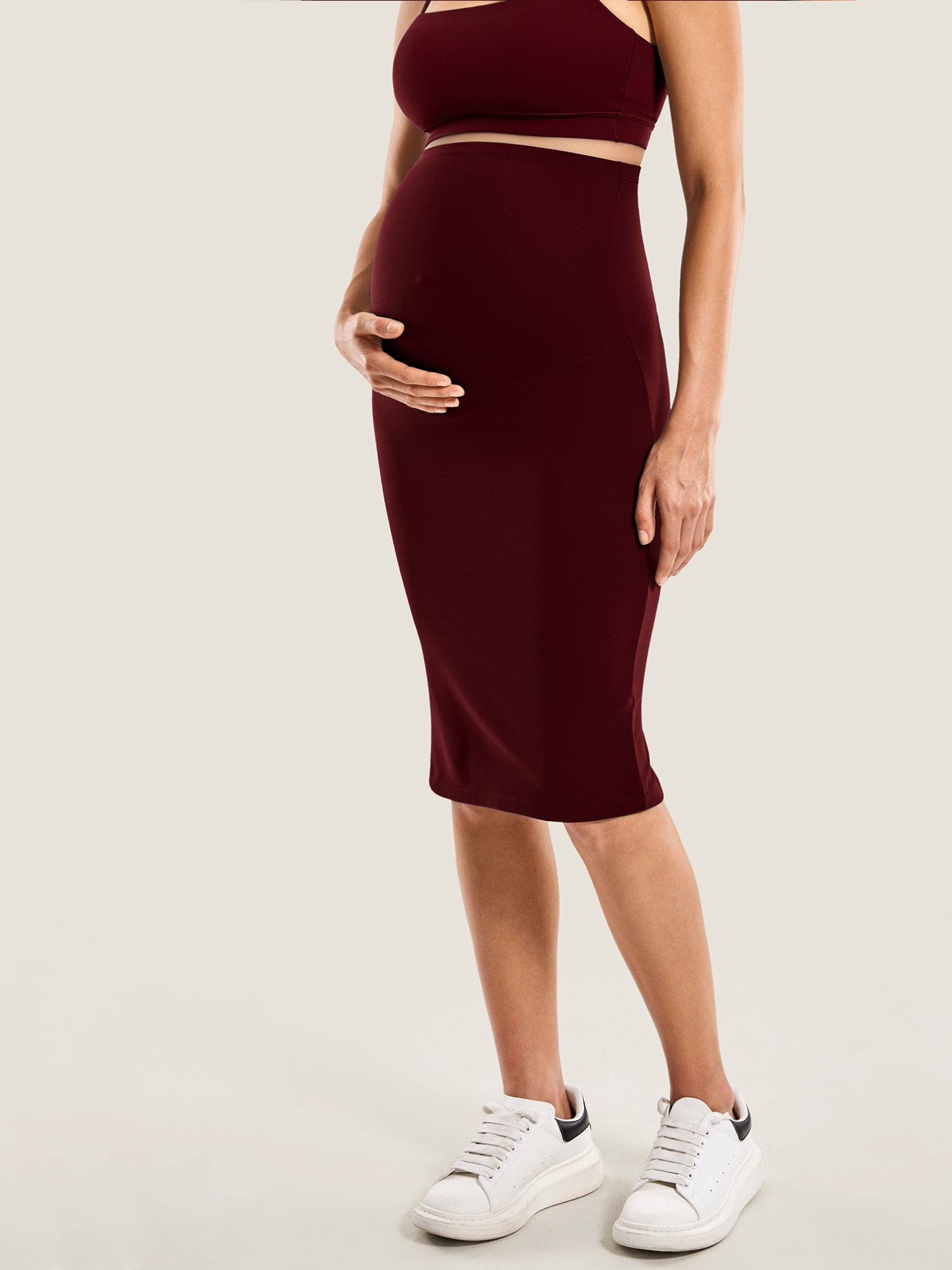 Natrelax™ Maternity High Waisted Midi Skirts Red Merlot