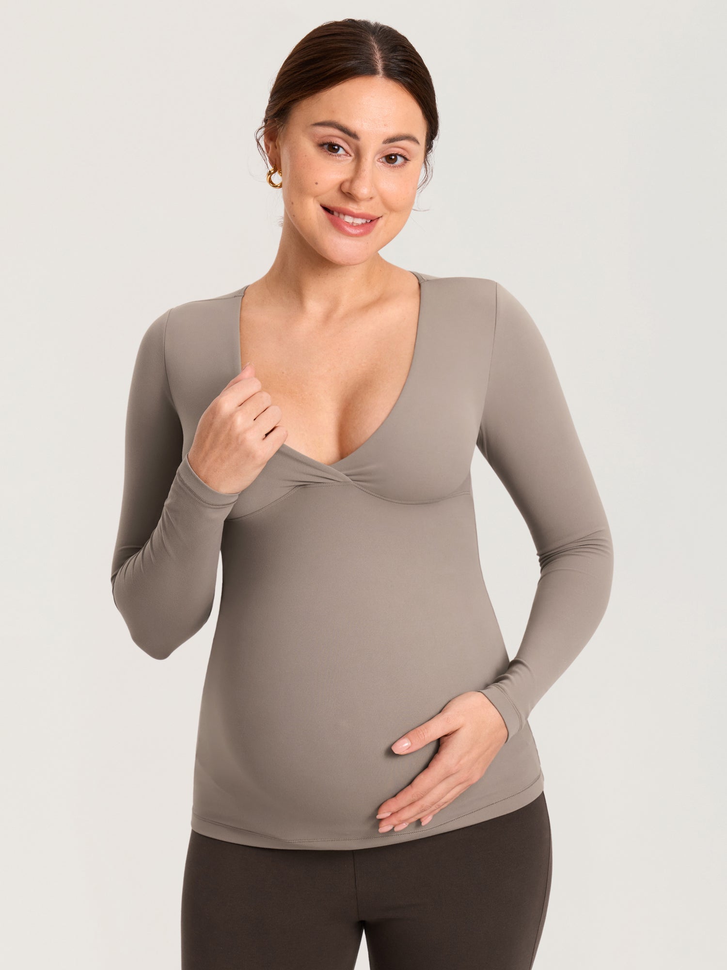 AirSoft Crossover Maternity & Nursing Top - Long Sleeves Khaki Taupe