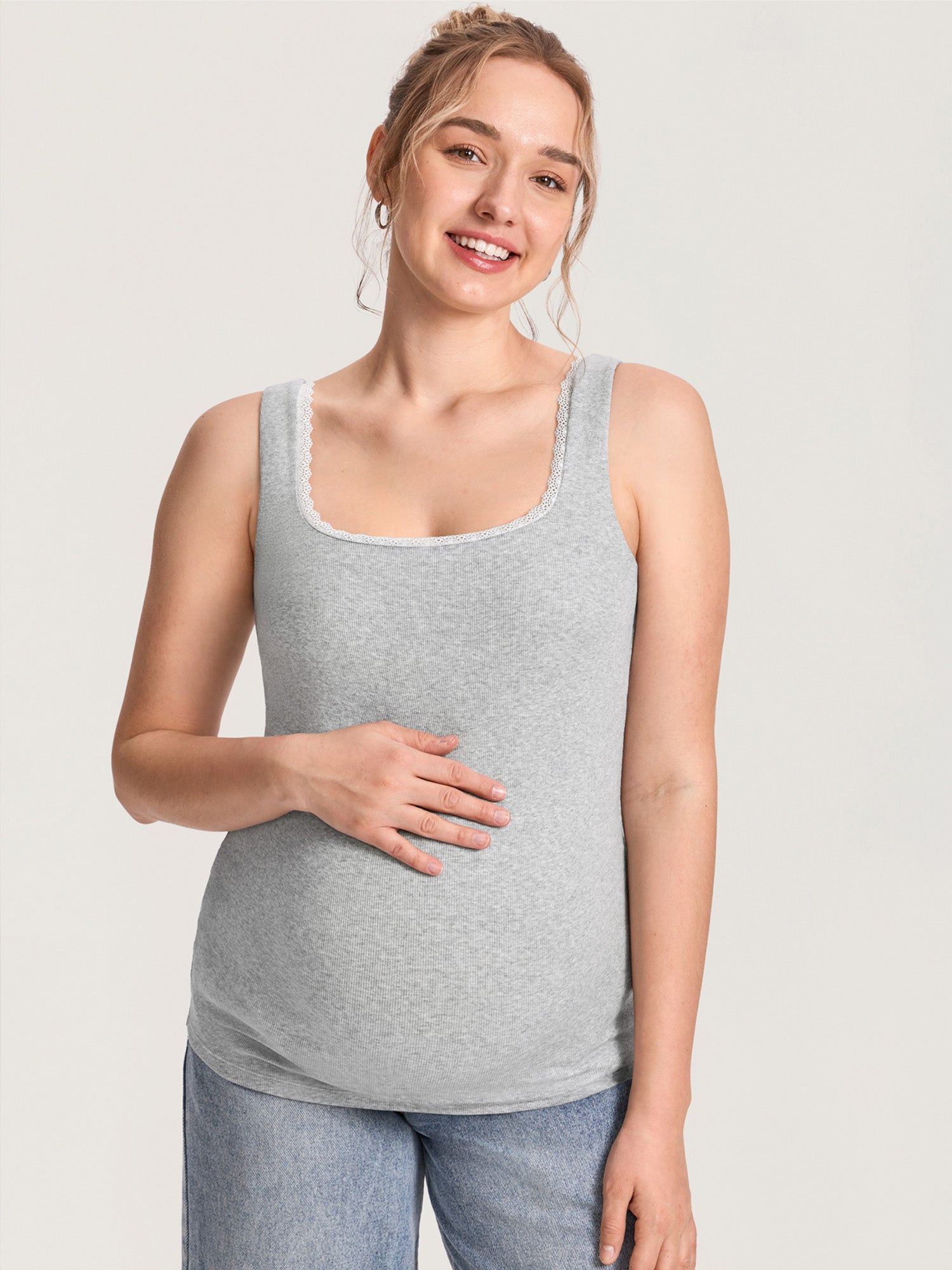 Cotton Rib Lace Trim Maternity Tank Top Classic Heather