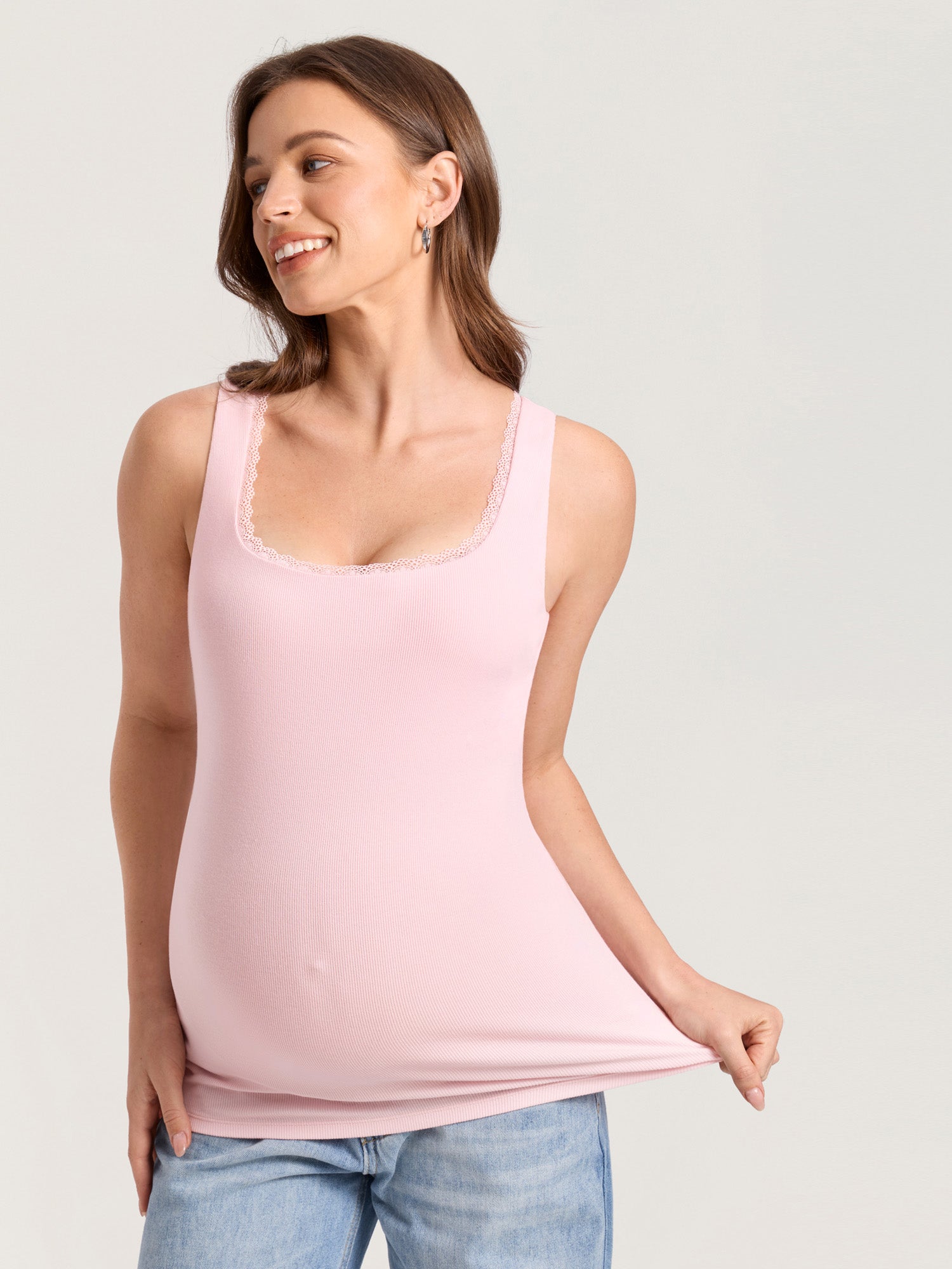 Cotton Rib Lace Trim Maternity Tank Top Strawberry Pink