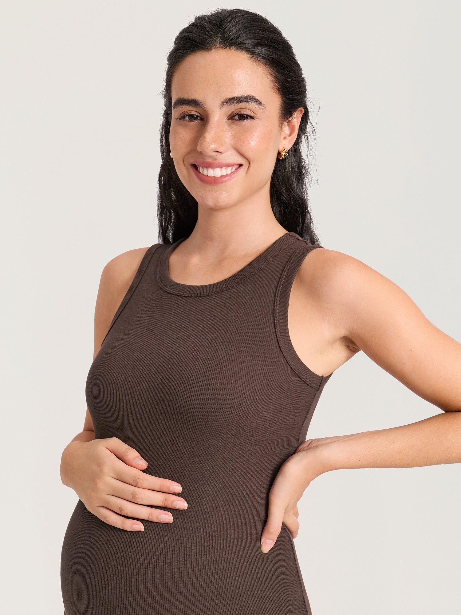 Cotton Rib Crew Neck Maternity Tank Top Clay Brown