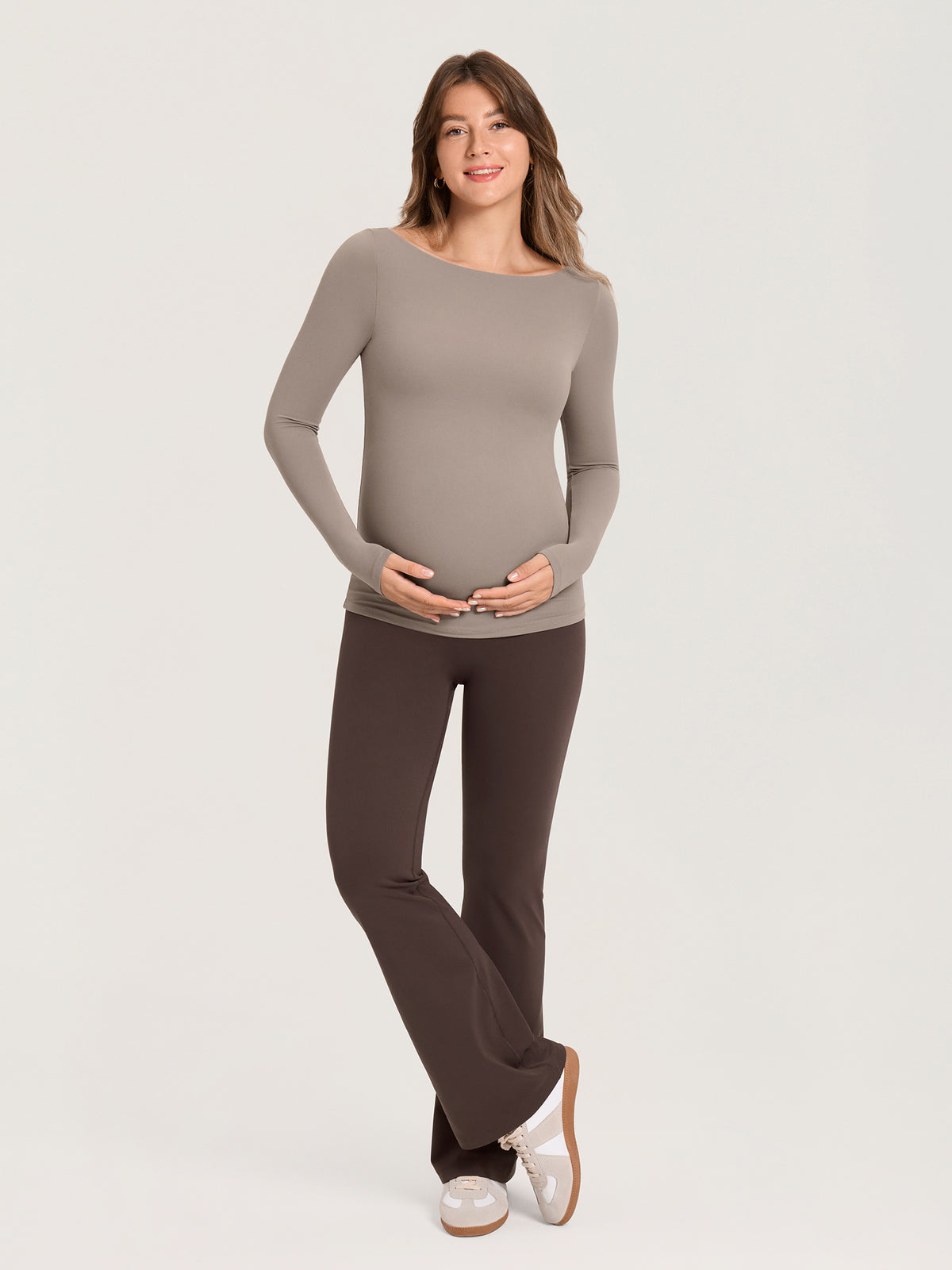 AirSofta Boatneck Maternity Top - Long Sleeves Khaki Taupe