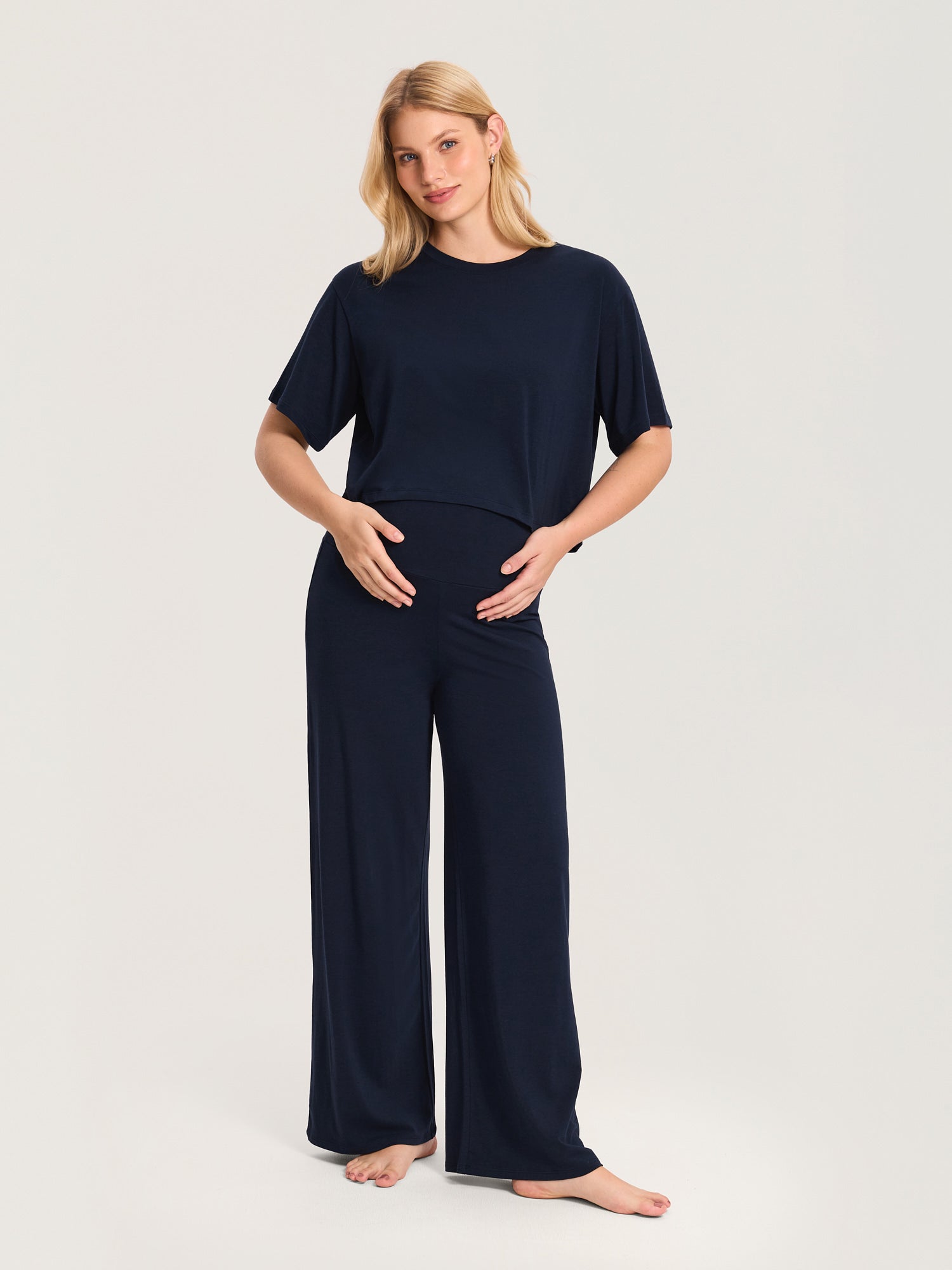 Modal Cotton Foldover Wide-Leg Pants Deep Ocean Blue
