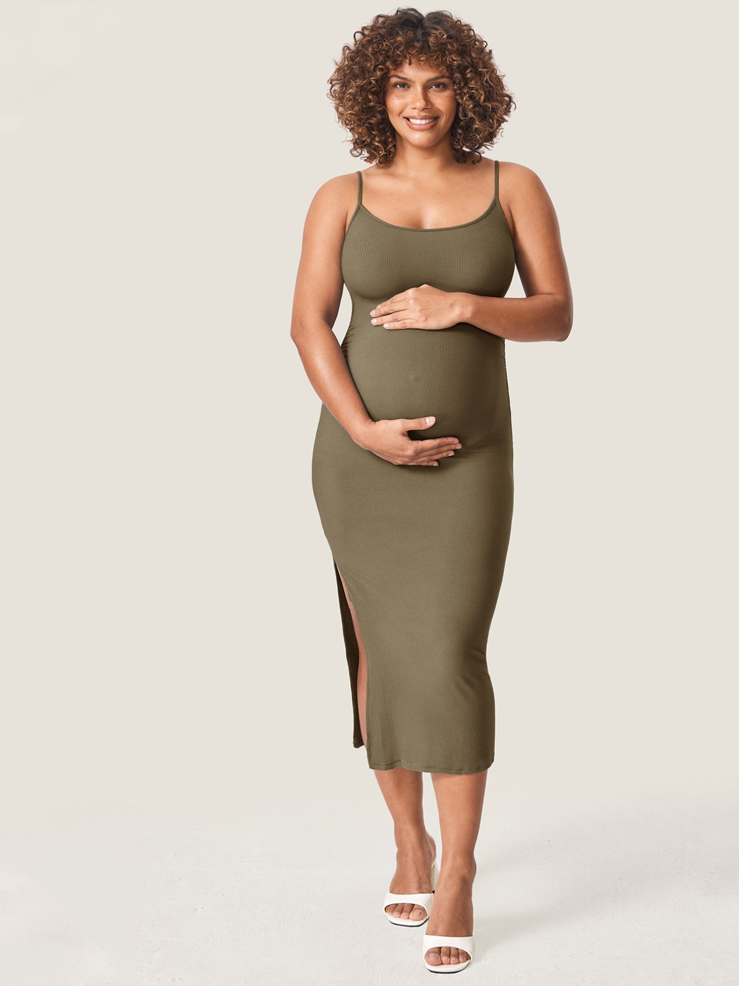 Square Neck Ribbed Maternity Dress Desert Olive